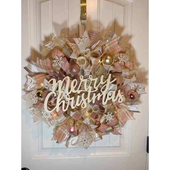 Christmas Snowflake Holiday Ribbon Door Wreath Handmade 22 ins LED W43 Gold - Picture 11 of 12